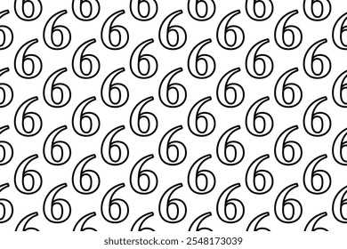 Seamless pattern completely filled with outlines of number six symbols. Elements are evenly spaced. Vector illustration on white background