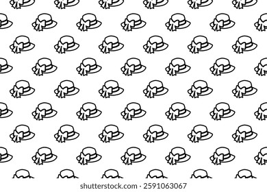 Seamless pattern completely filled with outlines of women's hat symbols. Elements are evenly spaced. Vector illustration on white background