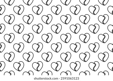 Seamless pattern completely filled with outlines of two halves of a heart symbols. Elements are evenly spaced. Vector illustration on white background