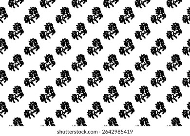 Seamless pattern completely filled with outlines of fiery horse symbols. Elements are evenly spaced. Vector illustration on white background