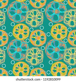 Seamless pattern with complex bound figures on a green background. Vector illustration