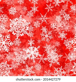 Seamless pattern of complex Christmas snowflakes in red colors. Winter background with falling snow