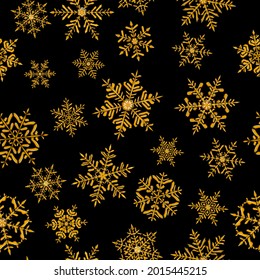 Patrón sin inconvenientes de complejos copos de nieve navideños en colores amarillos sobre fondo oscuro