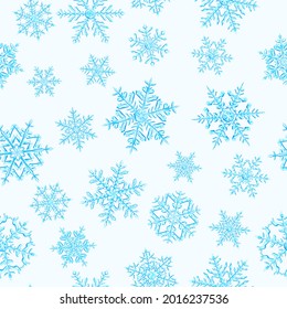 Seamless pattern of complex Christmas snowflakes in light blue colors on white background