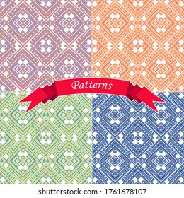 Seamless pattern with a complex ethnic ornament in pastel colors. Four coloristic versions. Vector set
