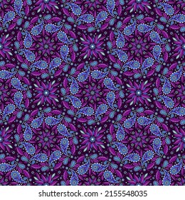 SEAMLESS PATTERN WITH A COMPLEX FLORAL MULTICOLORED ORNAMENT ON A DARK LILAC BACKGROUND IN VECTOR