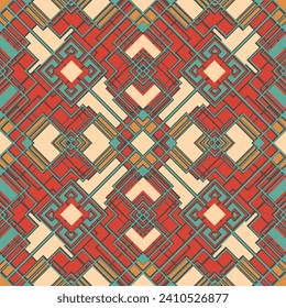 Seamless pattern with complex geometric composition. Retro palette with a predominance of red and beige colors. Vector illustration