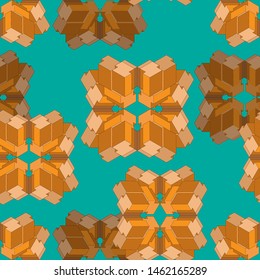 Seamless pattern with a complex geometric shape, randomly placed on the emerald background. Vector illustration