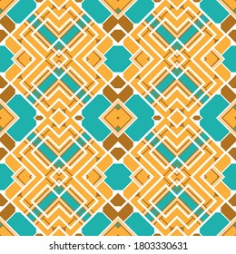 Seamless pattern with complex geometry. Yellow-blue palette. Ethnic motives. Vector illustration