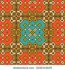 Seamless pattern with complex Slavic ornament with orange color predominance. Vector illustration