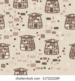 A seamless pattern composed of amusing stone towers, set against a backdrop of diagonally striped squares.