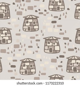 A seamless pattern composed of amusing stone towers, set against a backdrop of diagonally striped squares.