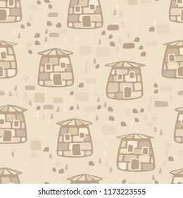 A seamless pattern composed of amusing stone towers, set against a backdrop of diagonally striped squares.