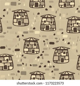 A seamless pattern composed of amusing stone towers, set against a backdrop of diagonally striped squares.