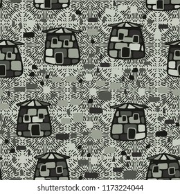 A seamless pattern composed of amusing stone towers, located on the background of symbolic explosions.
