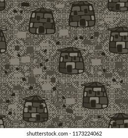 A seamless pattern composed of amusing stone towers, located on the background of symbolic explosions.