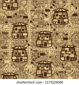 A seamless pattern composed of amusing stone towers, located on the background of symbolic explosions.