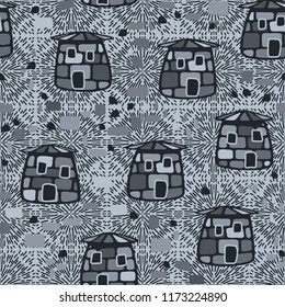 A seamless pattern composed of amusing stone towers, located on the background of symbolic explosions.