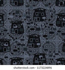A seamless pattern composed of amusing stone towers, located on the background of symbolic explosions.