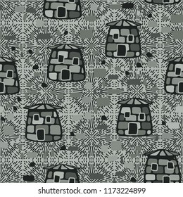 A seamless pattern composed of amusing stone towers, located on the background of symbolic explosions.