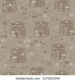 A seamless pattern composed of amusing stone towers, located on the background of clusters of contour five-pointed stars.