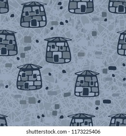 A seamless pattern composed of amusing stone towers, located on a background of random lines.