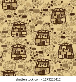 A seamless pattern composed of amusing stone towers, located on the background of clusters of contour five-pointed stars.