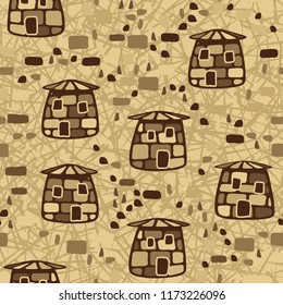 A seamless pattern composed of amusing stone towers, located on a background of random lines.