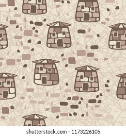 A seamless pattern composed of amusing stone towers, located on a background of random lines.