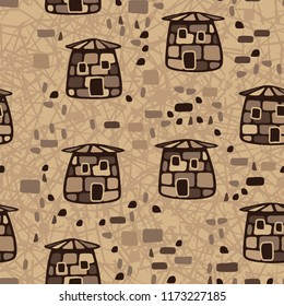 A seamless pattern composed of amusing stone towers, located on a background of random lines.