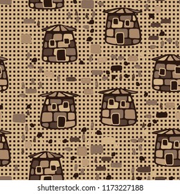 A seamless pattern composed of amusing stone towers, set against a backdrop of rows made up of squares.
