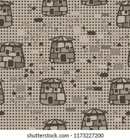 A seamless pattern composed of amusing stone towers, set against a backdrop of rows made up of squares.