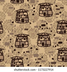 A seamless pattern composed of amusing stone towers, located on the background of clusters of contour five-pointed stars.