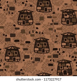 A seamless pattern composed of amusing stone towers, located on the background of clusters of contour five-pointed stars.