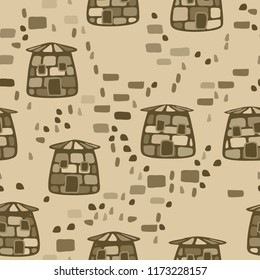 A seamless pattern composed of amusing stone towers, there is a scattering of stones between the towers.