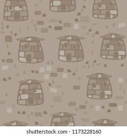 A seamless pattern composed of amusing stone towers, there is a scattering of stones between the towers.