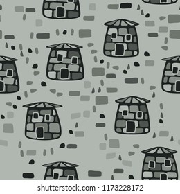 A seamless pattern composed of amusing stone towers, there is a scattering of stones between the towers.