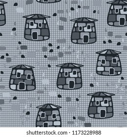 A seamless pattern composed of amusing stone towers, located on the background of small mutually perpendicular ovals.