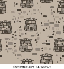 A seamless pattern composed of amusing stone towers, there is a scattering of stones between the towers.