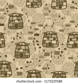 A seamless pattern composed of amusing stone towers, located on the background of clusters of contour five-pointed stars.