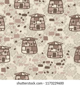 A seamless pattern composed of amusing stone towers, located on the background of clusters of contour five-pointed stars.
