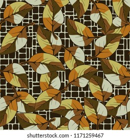 A seamless pattern composed of autumn foliage, against a lattice background.