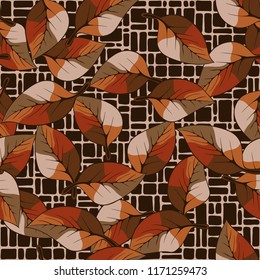 A seamless pattern composed of autumn foliage, against a lattice background.
