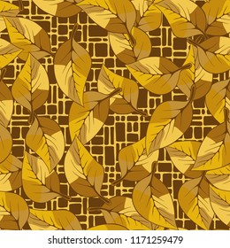 A seamless pattern composed of autumn foliage, against a lattice background.