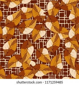 A seamless pattern composed of autumn foliage, against a lattice background.