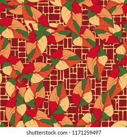 A seamless pattern composed of autumn foliage, against a lattice background.