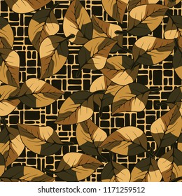 A seamless pattern composed of autumn foliage, against a lattice background.