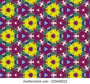 Seamless pattern composed of bright color abstract elements located on a white background. Useful as design element for texture, pattern and artistic compositions. Vector illustration.