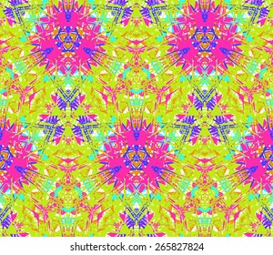 Seamless pattern composed of bright color abstract elements located on white background. Useful as design element for texture, pattern and artistic compositions. Vector illustration.