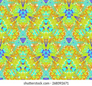 Seamless pattern composed of bright color abstract elements located on white background. Useful as design element for texture, pattern and artistic compositions. Vector illustration.